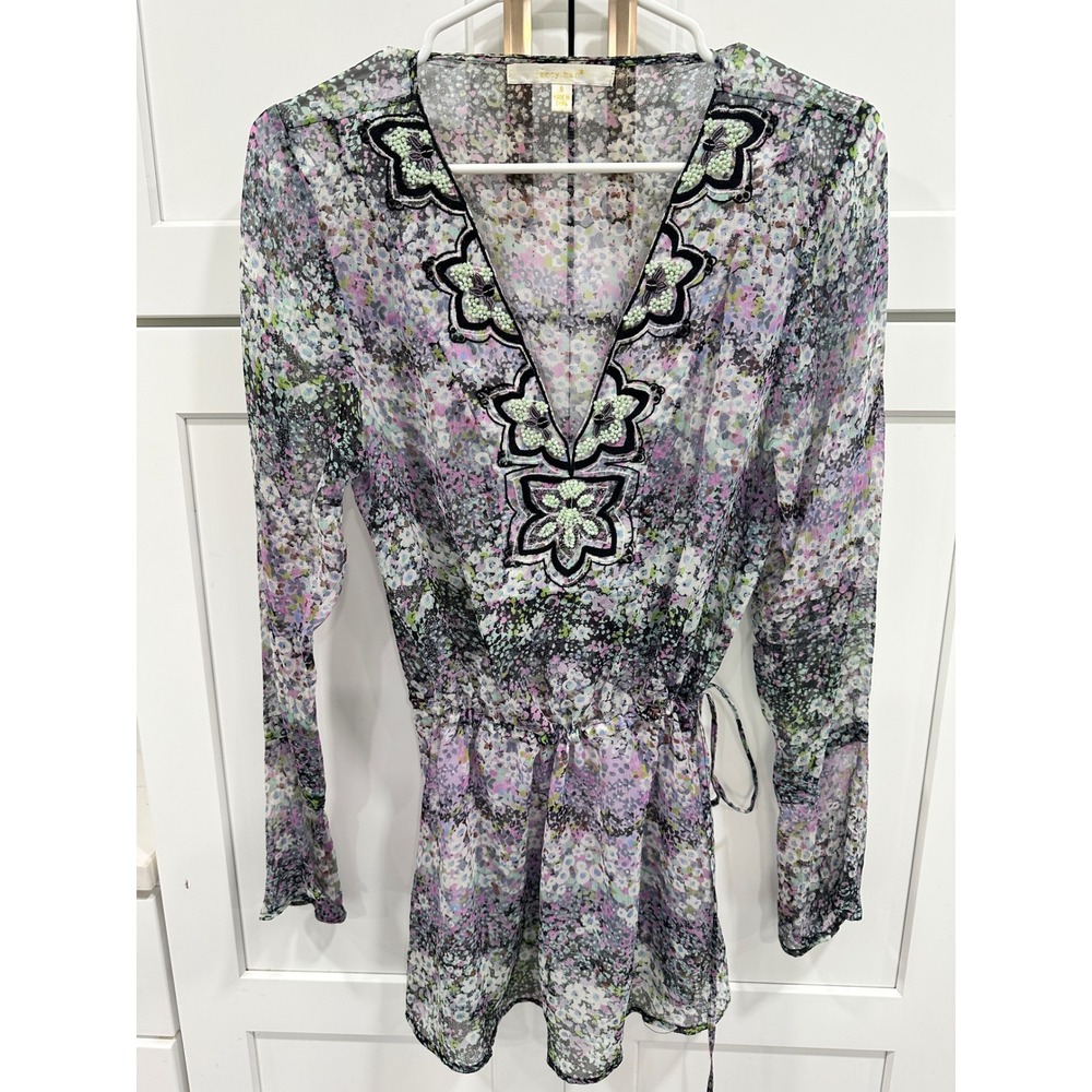 Jenny Han Silk Floral Beaded V-Neck Tunic Top Purple‎ Green Small